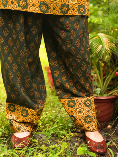 Barkha Green Cotton Block Print Kurti with Farsi Salwar Set