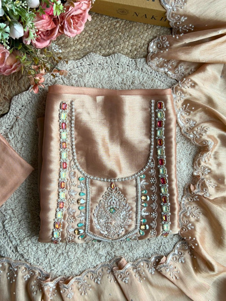 Ruvika Peach Silk Dress Material with Stone Work