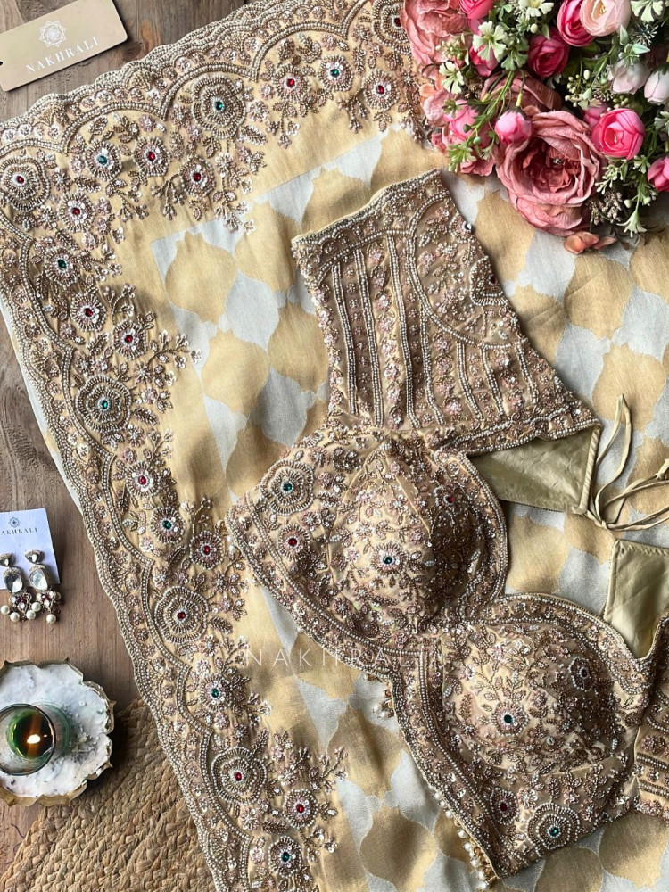 Image of Avadhira Cream Saree with Cut Dana, Beads and Sequin Work
