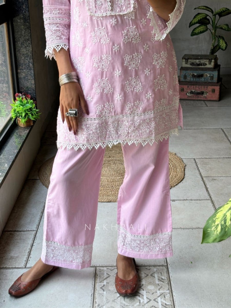 Mirelle Pink  Co-ord Set with Lace Embroidery