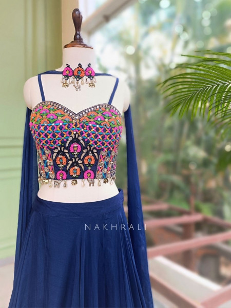 Azure Blue Georgette Indo Western Lehenga with Thread and Mirror Work