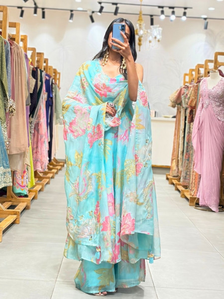 Ever Bloom Soft Firozi Floral Georgette Anarkali Suit Set