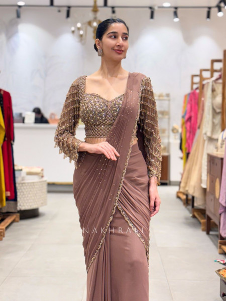 Ethereal Brown Drape Saree with Sequin & Cut Dana Blouse