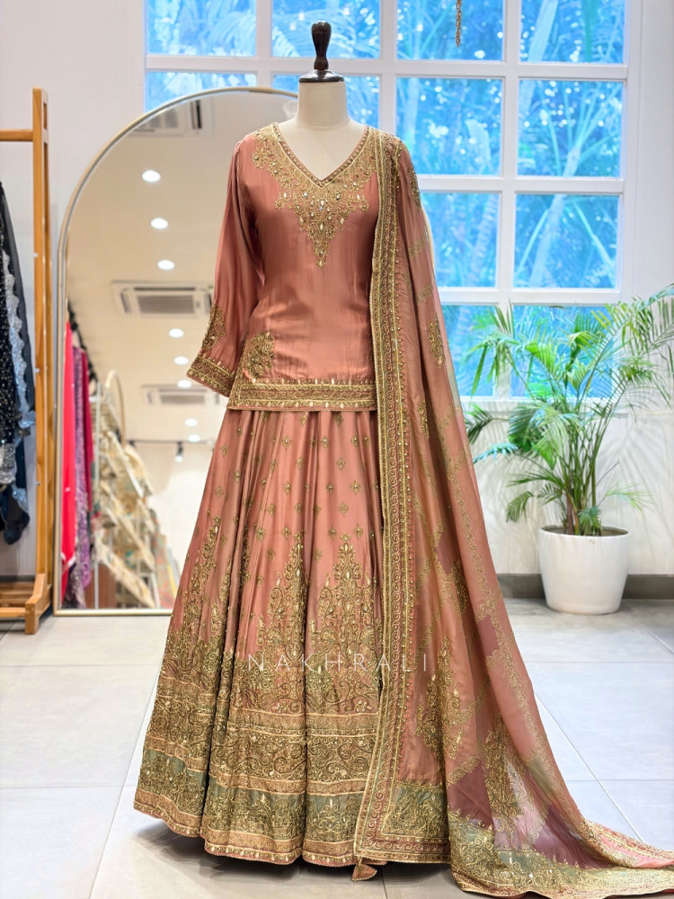 Image of Gul-ru Peach Short Kurti Lehenga Set With Zardozi &amp; Kundan Work