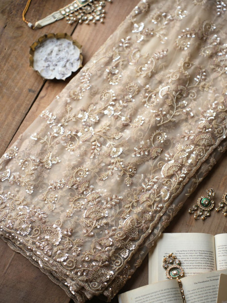 Begum Bahar Cream Net Saree with Sequin and Cut Work