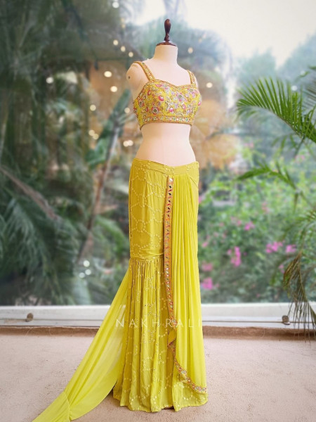 Aarika Lime Glow Gharara Drape Saree with Embroidery and Sequin Work