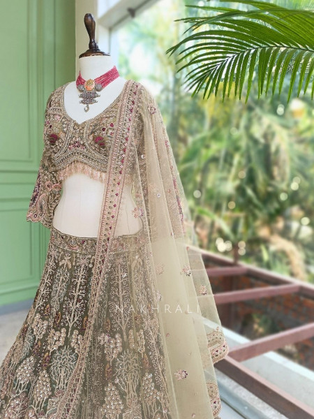 Mivara Pista Green Net Lehenga Set with Sequin Embroidery