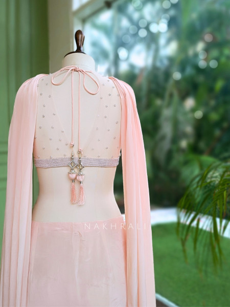 Ruched Light Pink Halter Neck Crop Top Skirt Set with Cut Dana, Pearl and Bead Work