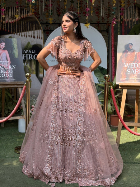 Roselia Pink Net Bridal Lehenga with  Handwork