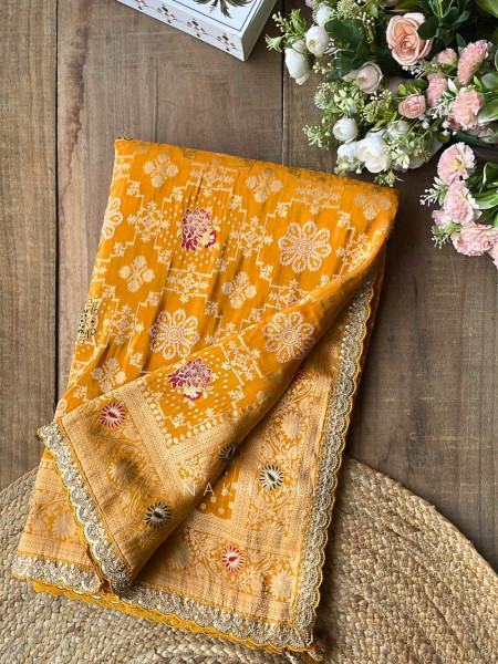Anant Bindu Yellow Bandhani Print Saree with Sequin Border