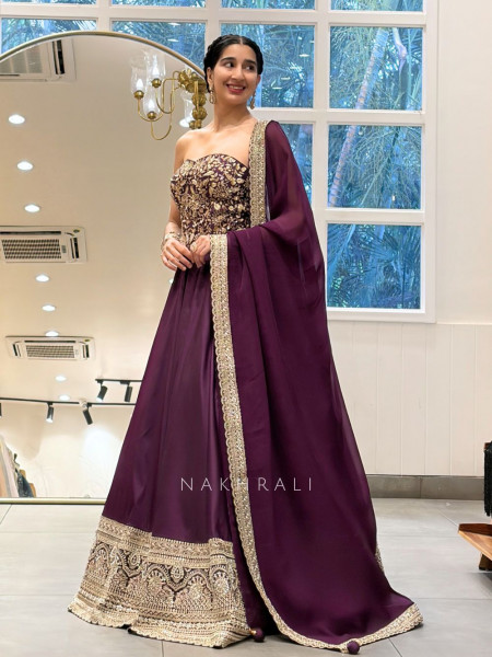 Astrid Wine Corset Lehenga Set with Sequin Zari Work