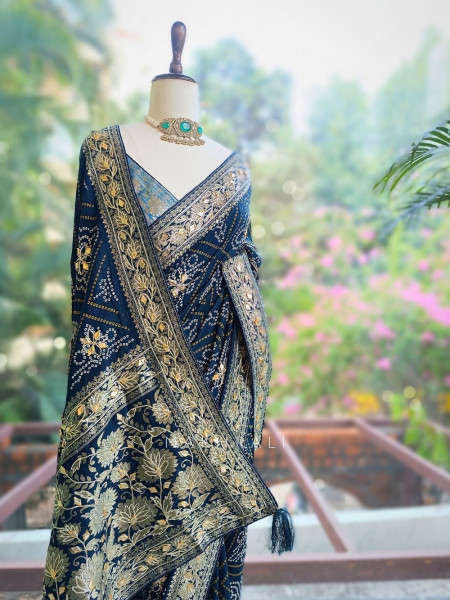Rivaya Navy Blue Bandhej Saree With Runing Blouse
