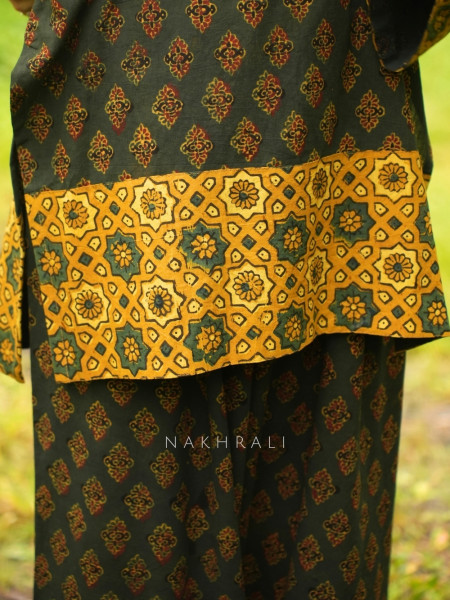 Barkha Green Cotton Block Print Kurti with Farsi Salwar Set
