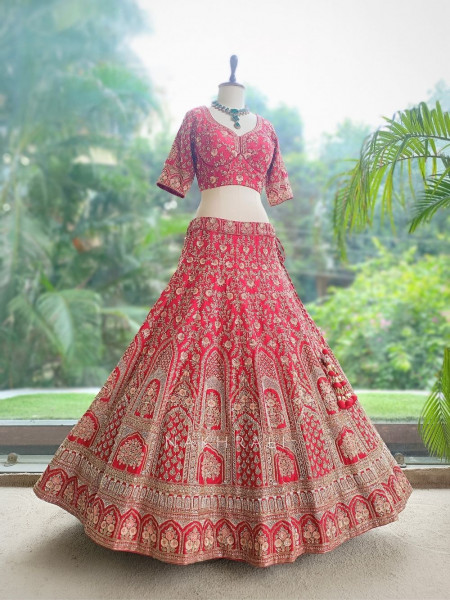 Kumudini Red  Raw Silk Bridal Lehenga