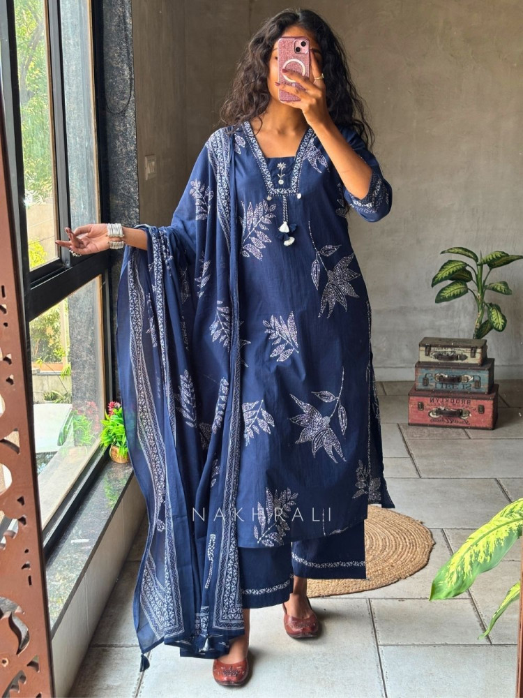 Image of Mrittika Blue Printed Suit Set with Dupatta