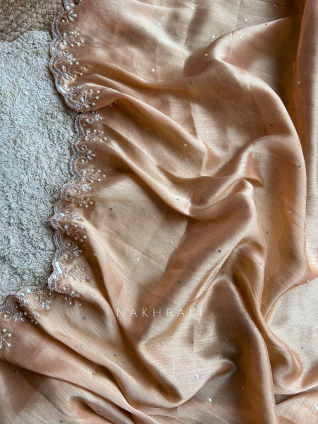 Ruvika Peach Silk Dress Material with Stone Work