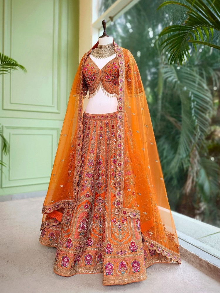 Image of Suhira Tangerine Embroidered Lehenga with Sequin and Stone Work