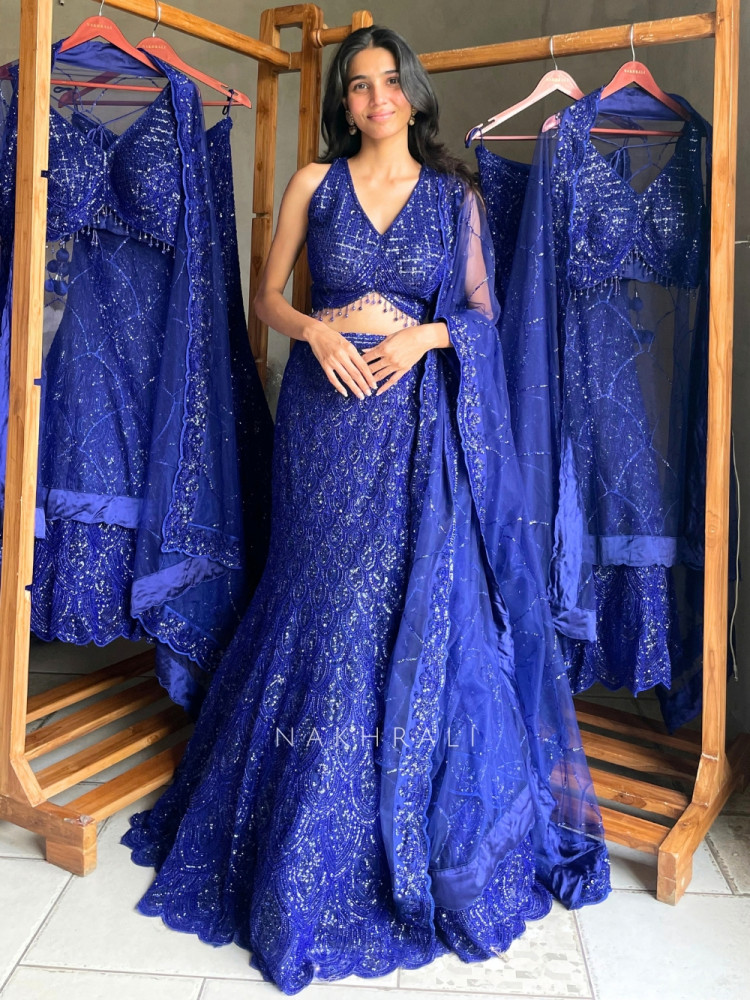 Image of Neelrekha Cobalt Blue Soft Net Lehenga Set