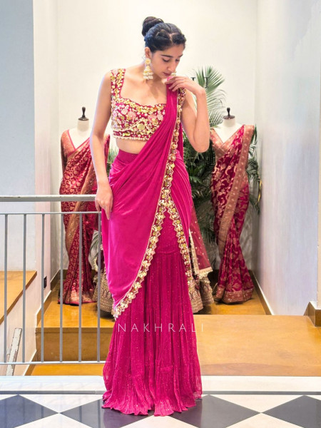Iraaya Magenta Gharara Drape Saree with Mirror & Sequin Work