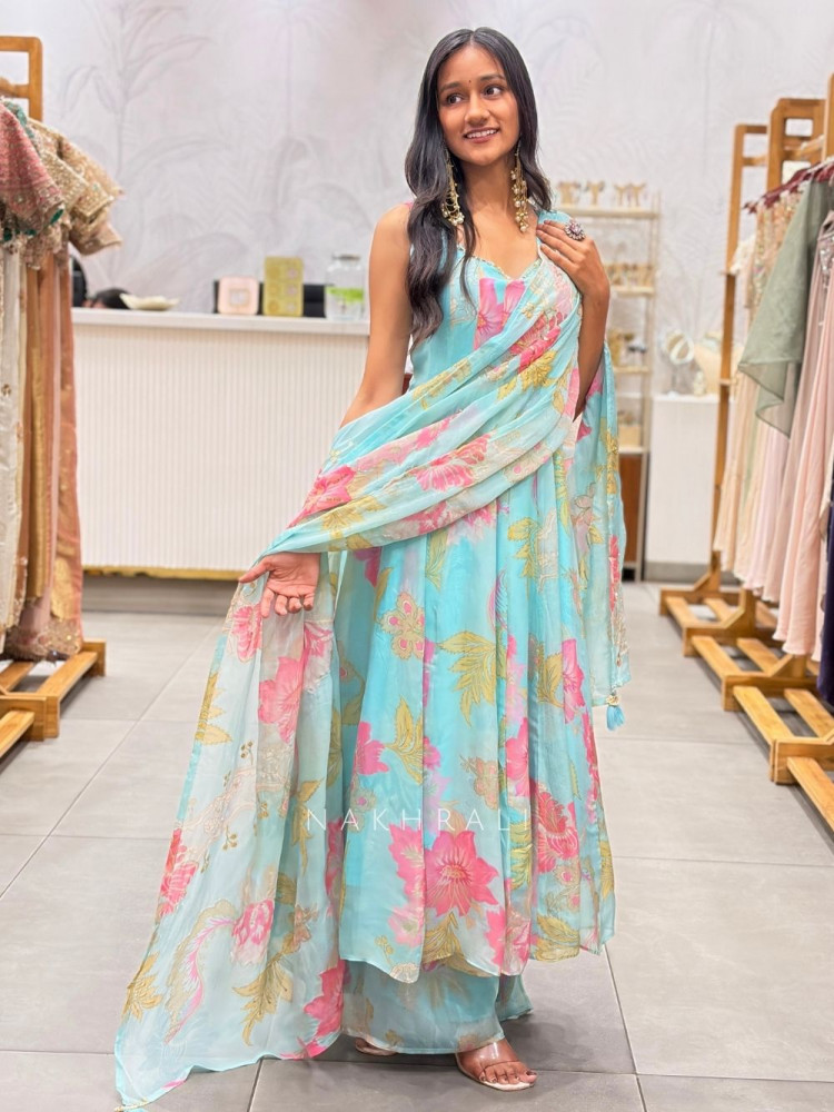 Image of Ever Bloom Soft Firozi Floral Georgette Anarkali Suit Set
