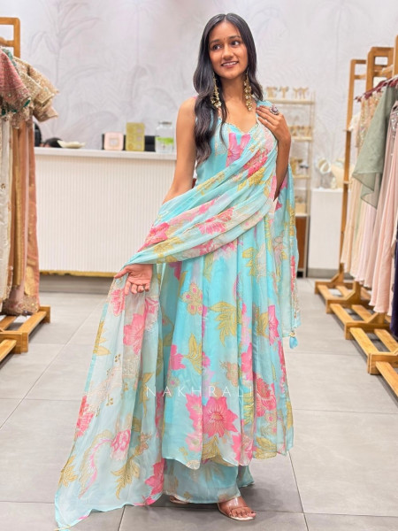 Ever Bloom Soft Firozi Floral Georgette Anarkali Suit Set