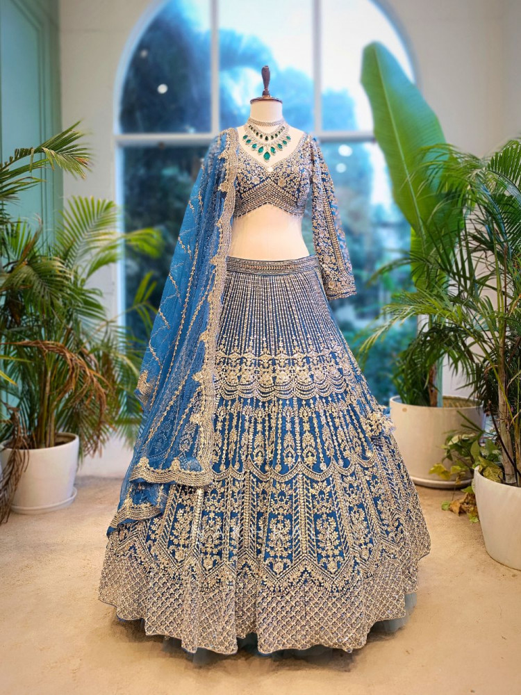 Image of Selene Blue Velvet Bridal Lehenga with Silver Embroidery
