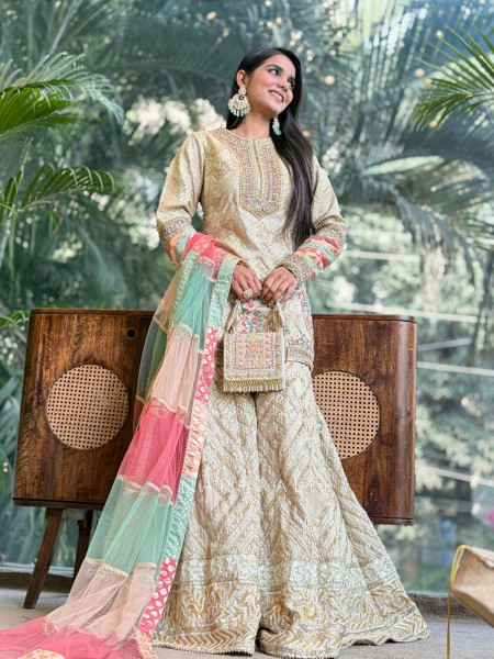Elara Cream Kurta Palazzo Set with Embroidery Work