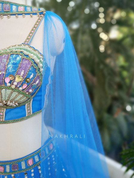 Ophira Blue Lehenga with Sequin, Pearl, and Mirror Work