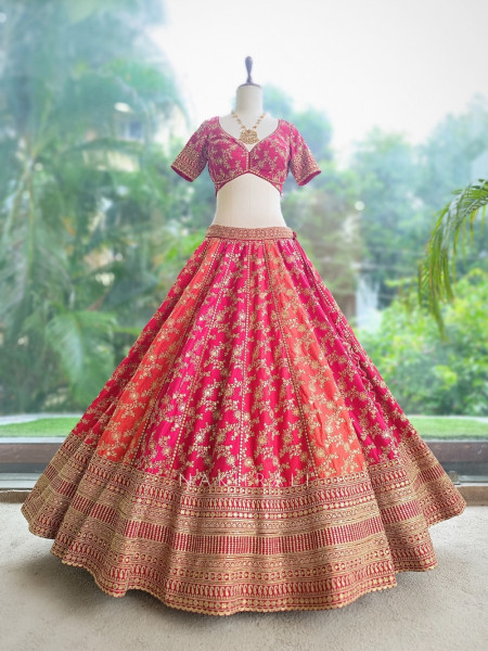 Meera Jodha Red Silk Georgette Bridal Lehenga With Zari & Sequin Floral Jaal Work