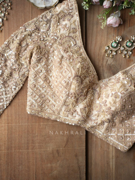 Begum Bahar Cream Net Saree with Sequin and Cut Work
