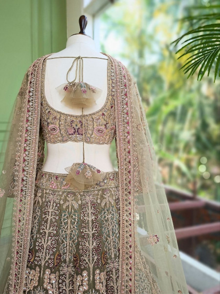Mivara Pista Green Net Lehenga Set with Sequin Embroidery