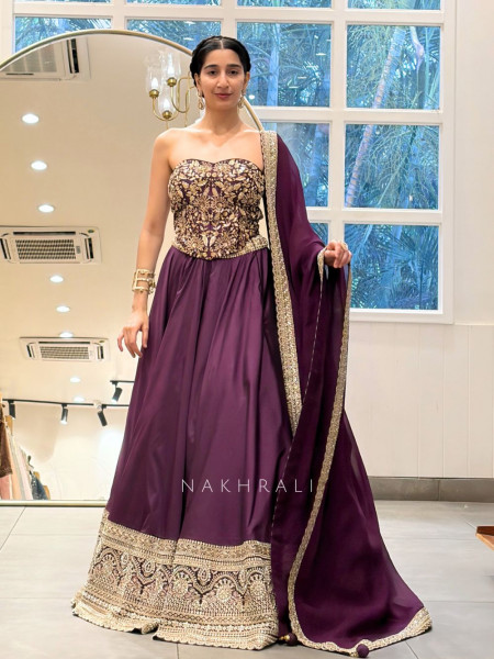 Astrid Wine Corset Lehenga Set with Sequin Zari Work