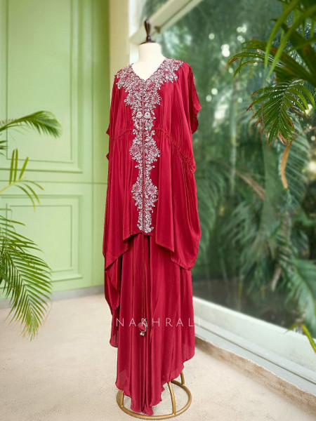 Elegant Embroidered Red Kaftan & Palazzo Set