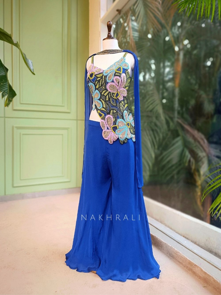 Image of Yevira Blue Bead Embellished Crop Top Palazzo Set with Dupatta