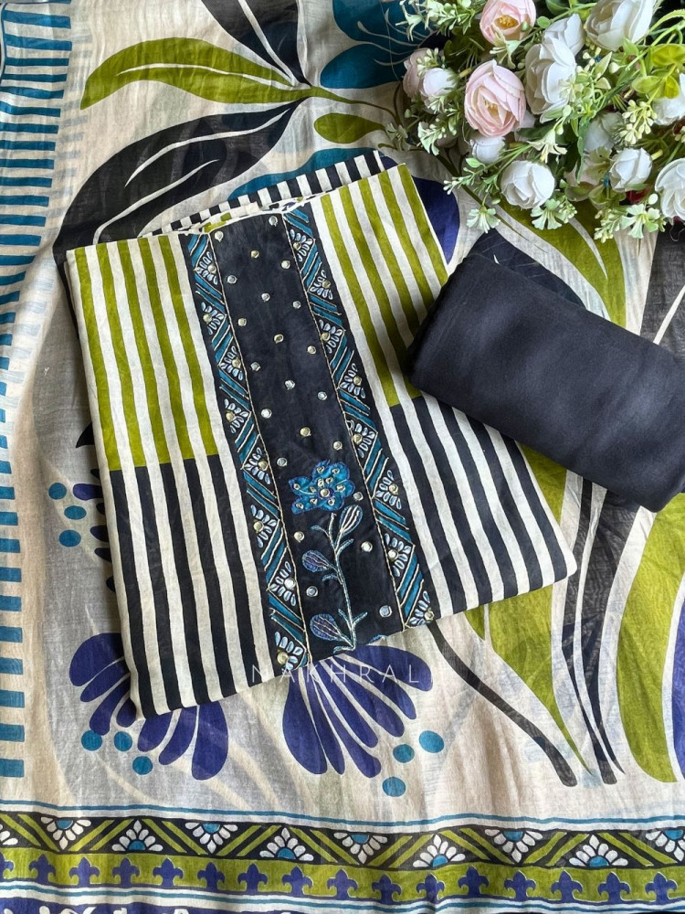 Image of Cyriva Black Printed Dress Material with Embroidered Panel