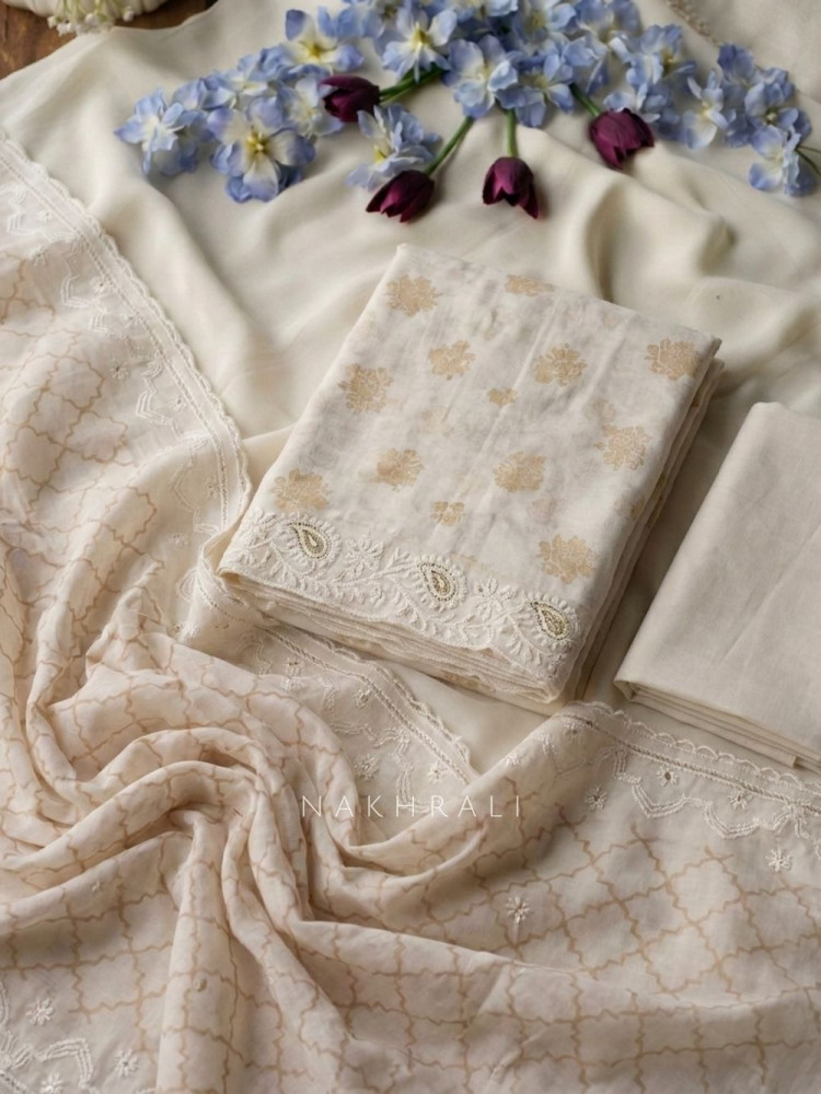 Image of Roselune Cream Floral Printed Dress Material with Embroidered Border