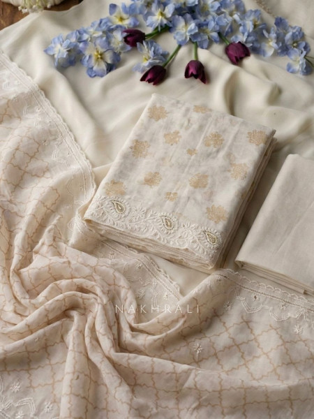 Roselune Cream Floral Printed Dress Material with Embroidered Border