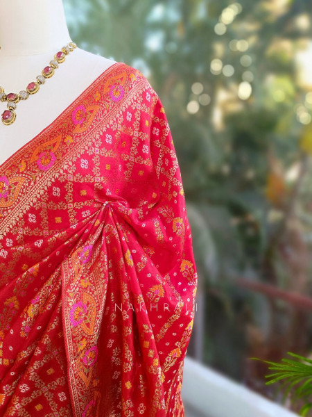 Solvara Red Bandhani Saree with Traditional Border