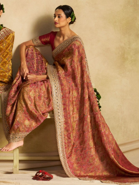Ruby Glow Dola Silk Saree with Heavy Zardozi Border