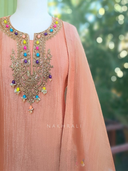 Meherza Peach Embroidered Kurta Sharara Set with Dupatta