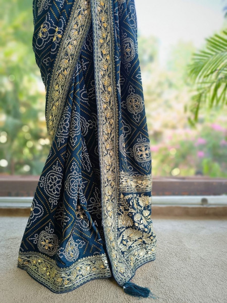 Rivaya Navy Blue Bandhej Saree With Runing Blouse