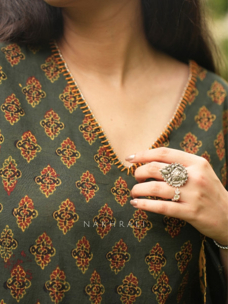 Barkha Green Cotton Block Print Kurti with Farsi Salwar Set