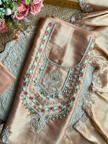 Ruvika Peach Silk Dress Material with Stone Work