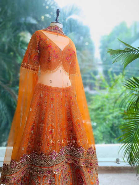 Suhira Tangerine Embroidered Lehenga with Sequin and Stone Work