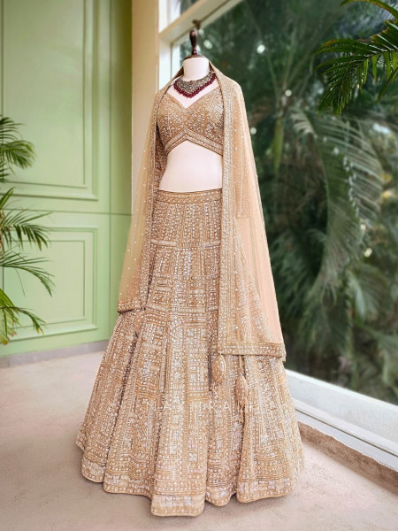 Pravya Beige Bridal Lehenga with Ornate Sequin Embroidery