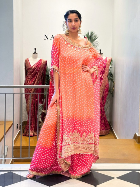 Noorani Orange Pink Kaftan Palazzo Set with Gota Embroidery