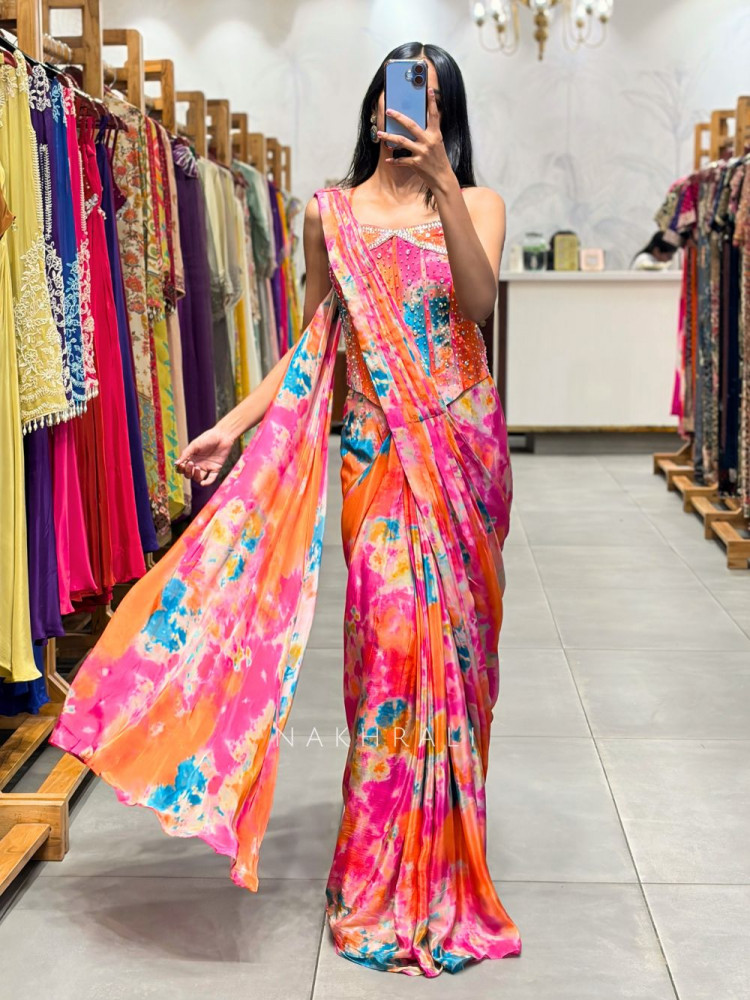 Image of Nirvanta Multicolor Pre Drape Saree with Corset Stone Work Blouse