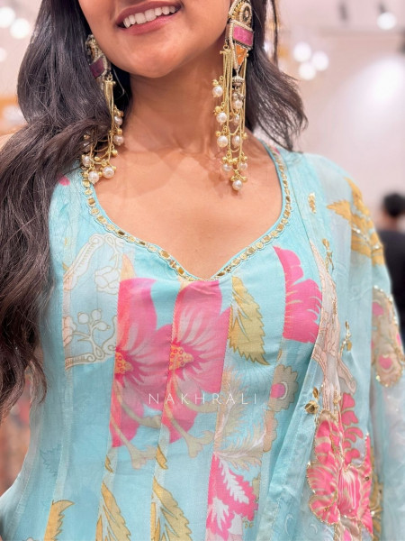 Ever Bloom Soft Firozi Floral Georgette Anarkali Suit Set