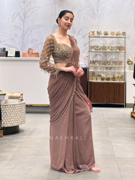 Ethereal Brown Drape Saree with Sequin & Cut Dana Blouse