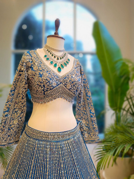 Selene Blue Velvet Bridal Lehenga with Silver Embroidery